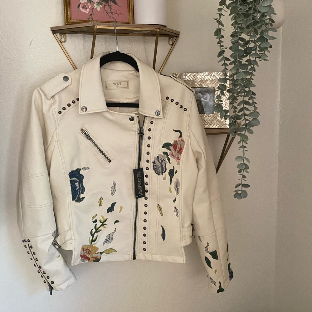 NWT Embroidered and Studded Vegan Leather Jacket